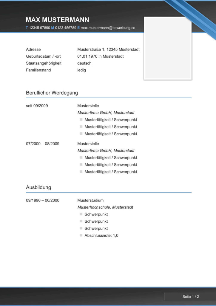 Lebenslauf Vorlage "Design – blau, grau" – Bewerbungen.de