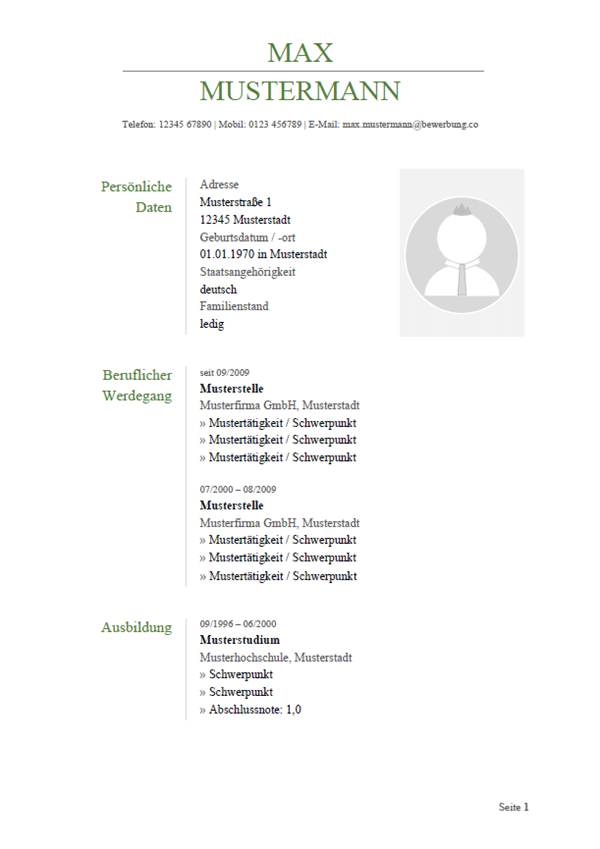 Lebenslauf Vorlage "professionell - Serifen, grün" – Bewerbungen.de